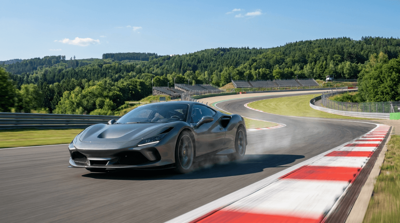 Sportinis automobilis posūkyje uždaroje žiedinėje lenktynių trasoje — greičio ir vairavimo pramogų iliustracija
