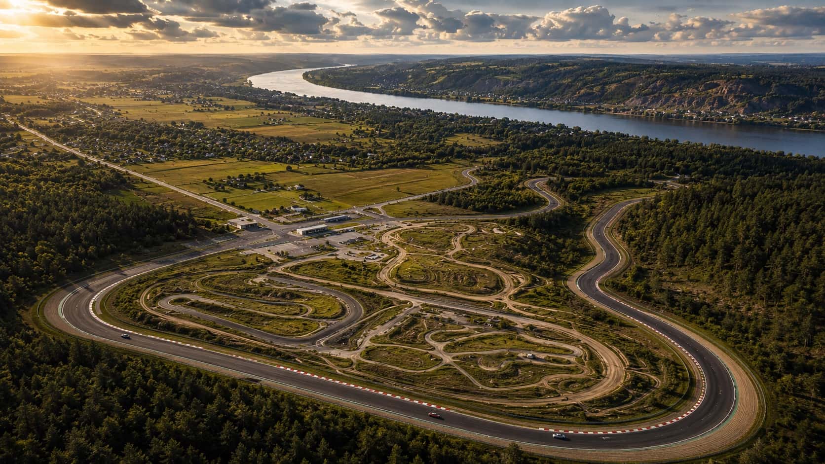 Nemuno žiedo (Kačerginės) lenktynių trasa iš paukščio skrydžio prie Nemuno upės saulėlydžio metu — vingiuota trasa su raudonai baltais kerbais